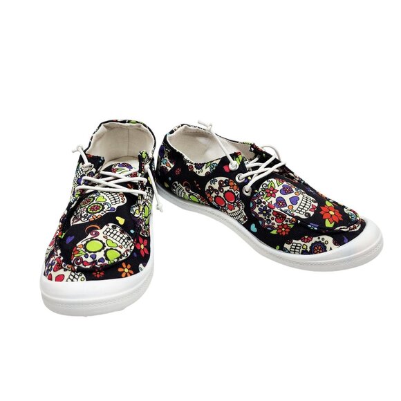 Girls Skull Pattern Shoes Size 4 Lace-Up Sneakers Sugar Skulls Day Of The Dead - Picture 6 of 11